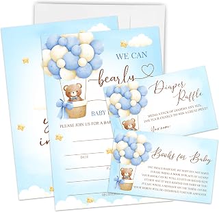 Set Of 25 We Can Bearly Wait Baby Shower Invitation - Blue Teddy Bear Baby Announcement, Gender Reveal Party Fill-in Invites With Diaper Raffle Card Book Request - Party Decor & Supplies - A01