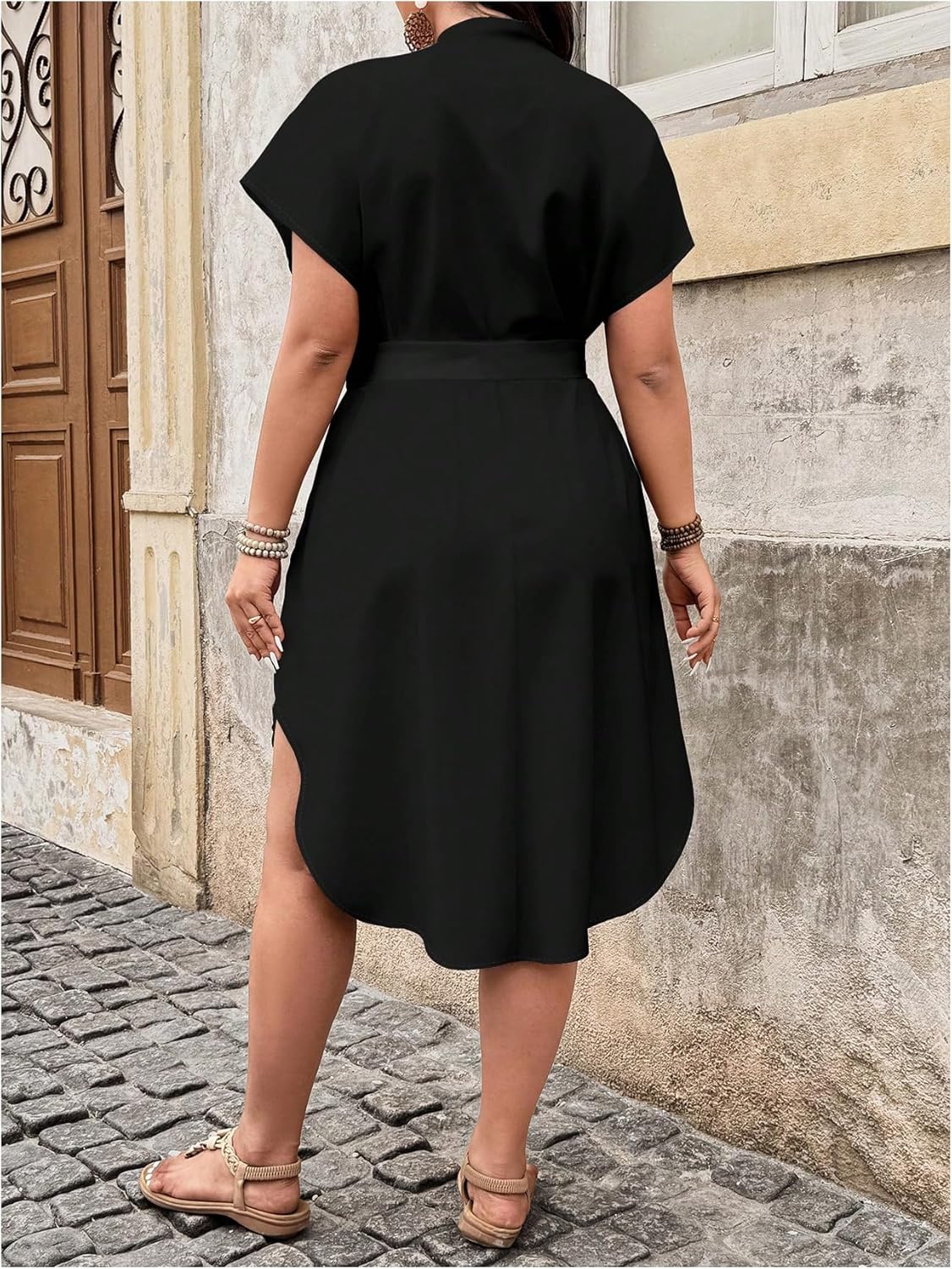 Floerns Women's Plus Size Tie Waist Dress Notch V Neck Dolman Sleeve A Line Midi Dresses - Image 3