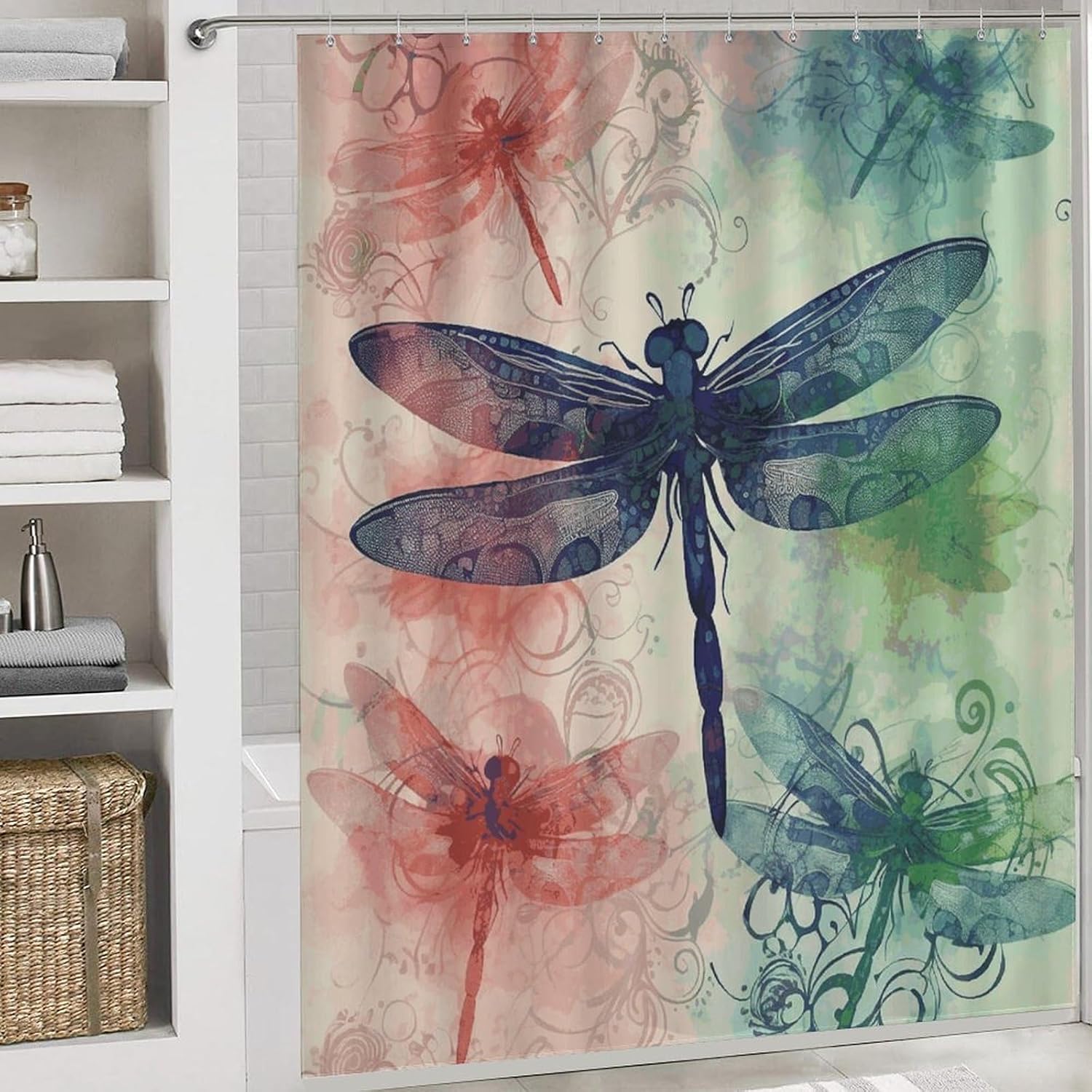 Modern Dragonfly Shower Curtain Set 4 Piece, Non-Slip Bath Mat with Toilet Lid Cover and Waterproof Shower Curtain with 12 Hooks, Complete Bathroom Set for Home Decor