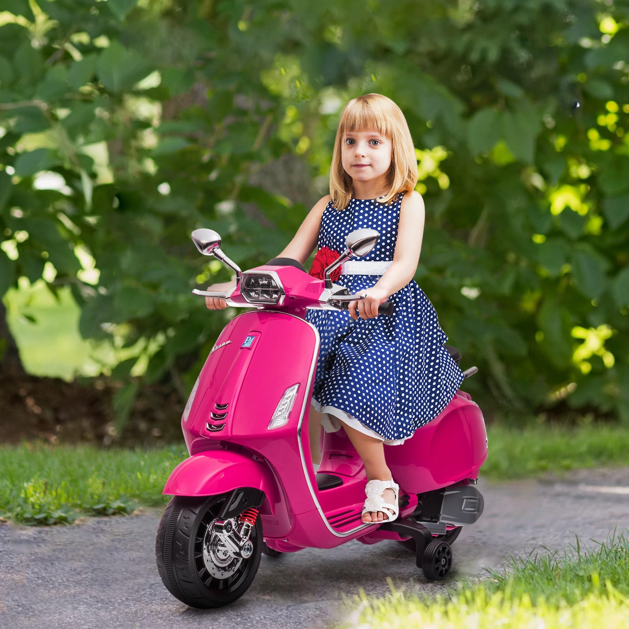 AIYAPLAY Scooter électrique Enfant Vespa 6 V Moto électrique pour Enfants 3-6 Ans dim. 107L x 47l x 73H cm Musique MP3 Port USB Radio FM Phare 2 Roues d'entraînement - Rose