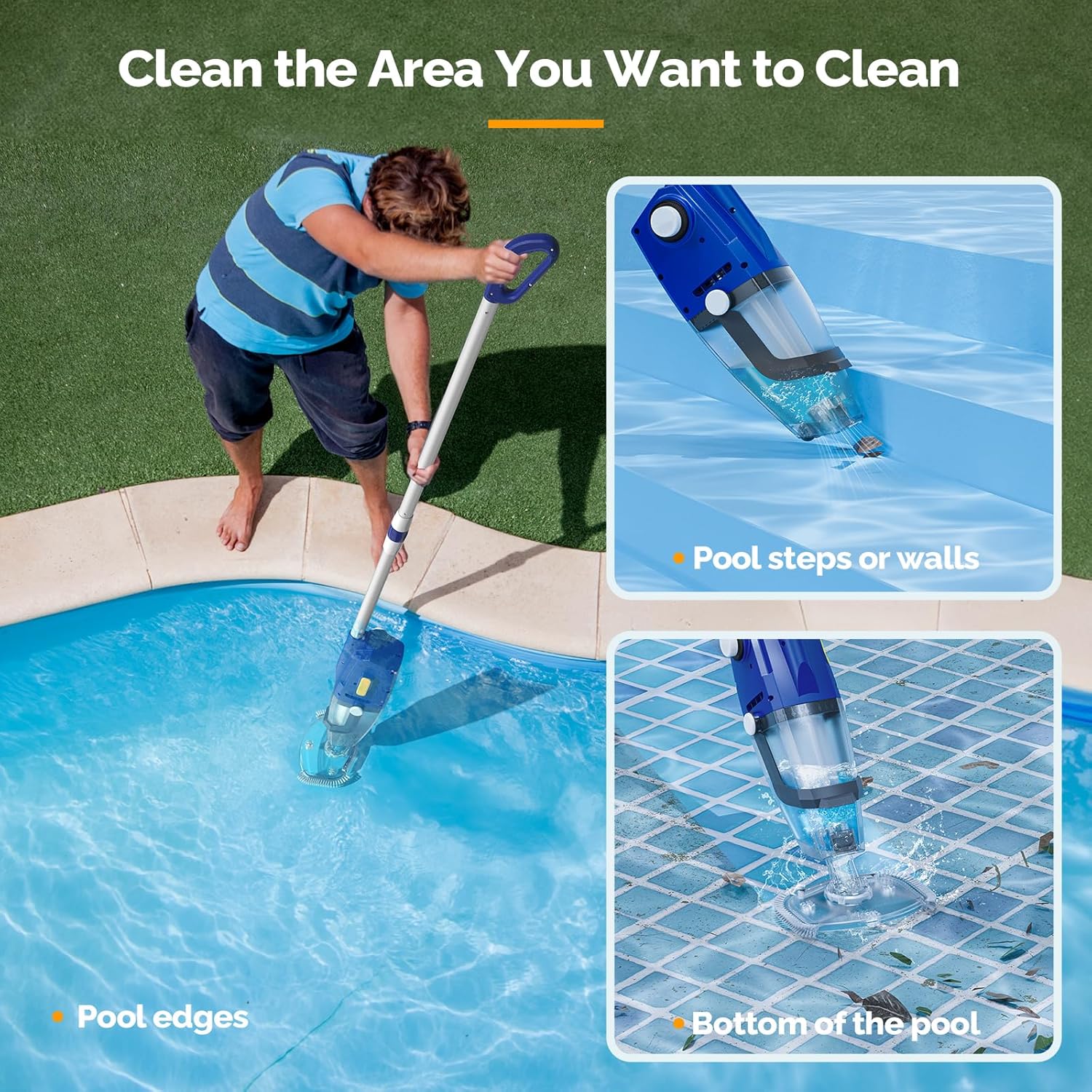 VINGLI Handheld Pool Vacuum,Swimming Pool Cleaner with Rechargeable Cordless Ideal for Above/In Ground Pool,Hot Tub and Spas (Blue&Grey)
