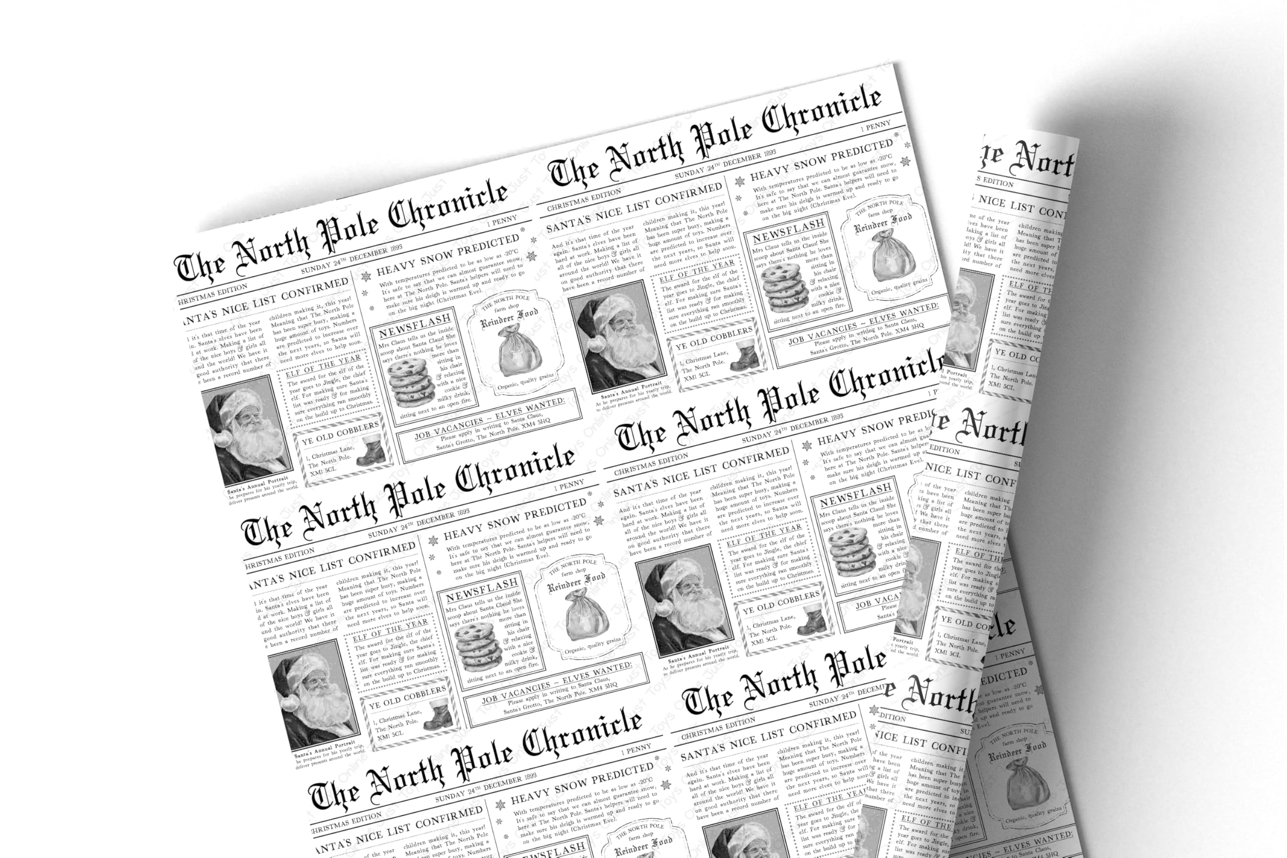 North Pole Chronicles Newspaper Christmas Wrapping Paper 3 Metre Roll, North Pole News Gift Wrap, Santa Claus Newspaper