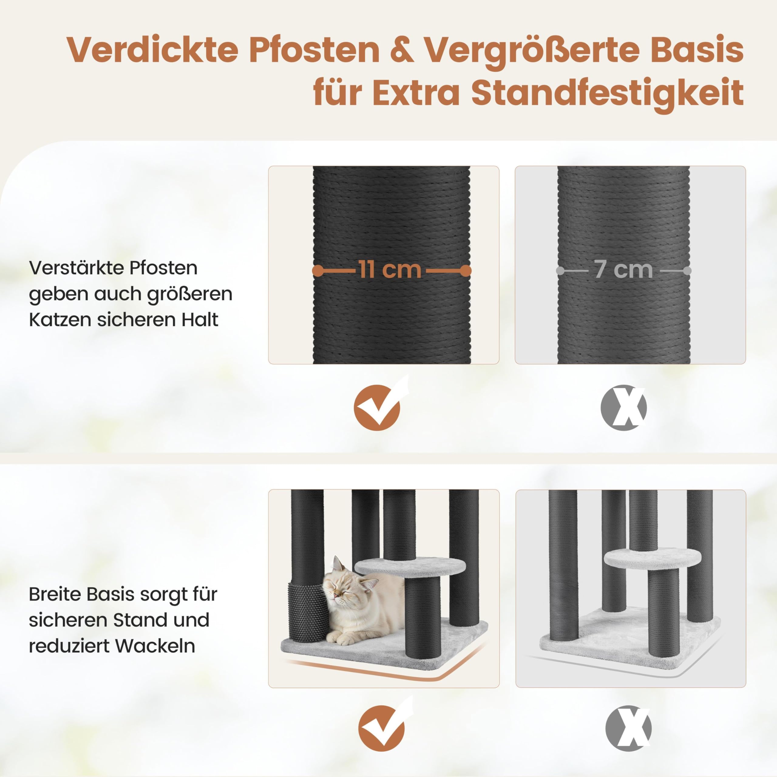 Yaheetech Kratzbaum groß Katzenbaum 11cm Dicke Kratzsäulen hellgrau schwarz | FSC-zertifizierte Spanplatten | Stabil für Mehrkatzenhaushalte | mit Kippsicherung | Sicher&Unerschütterlich | 20kg belastbar