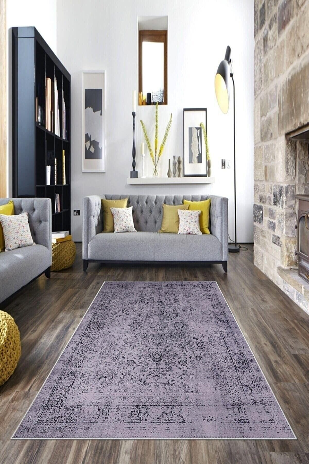 Pelangi Gri Vintage Desenli Yıkanabilir Kaymaz Taban Leke Tutmaz Modern Salon Halısı Ve Yolluk, Lila 180 x 280, 1358327180280728