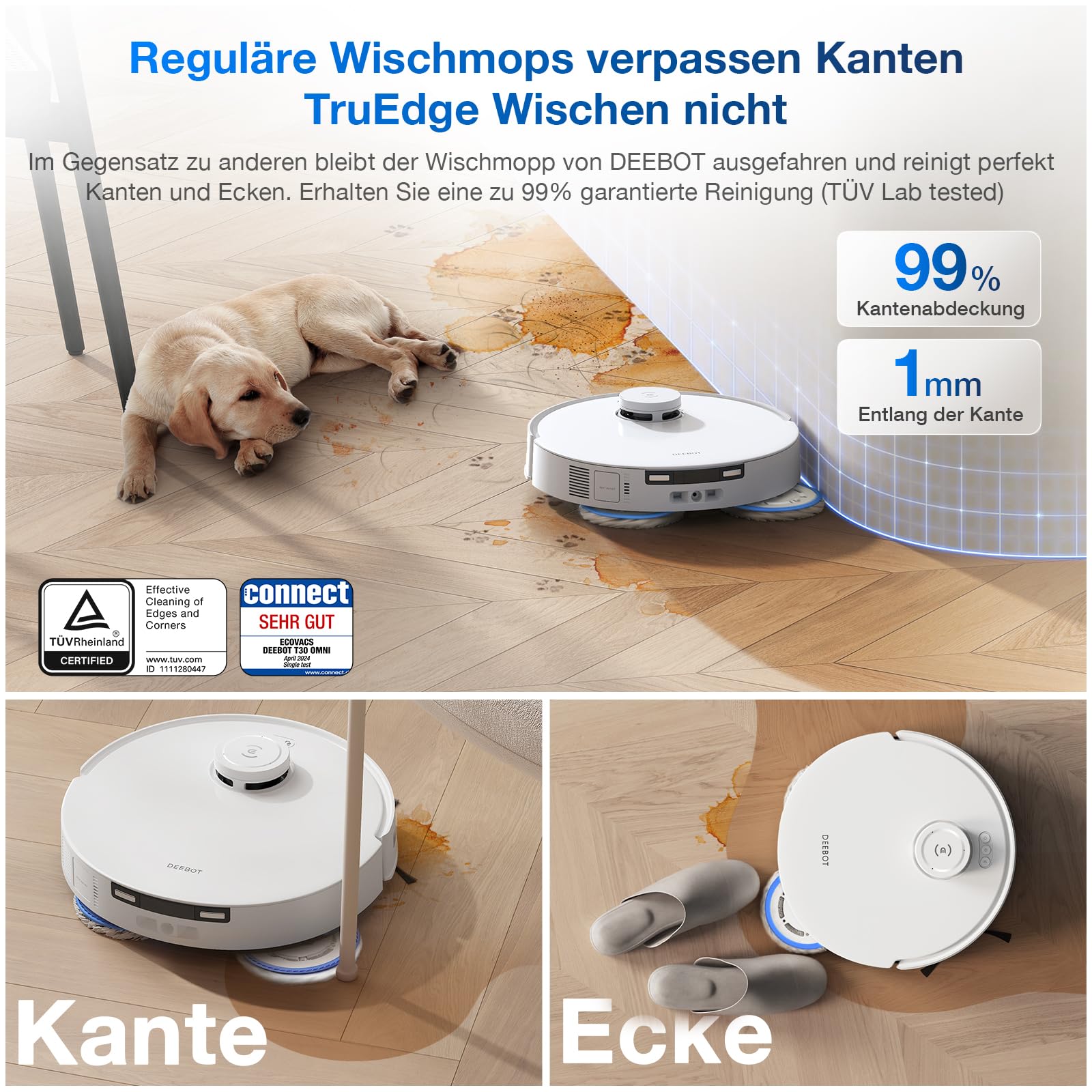 ECOVACS DEEBOT T30 PRO Omni Saugroboter mit Wischfunktion, mit TrueEdge Moppin, Zero Tangle Bürste, 11.000 PA Saugkraft mit heißem Wasser und Smart Rewash, Farbe Silber