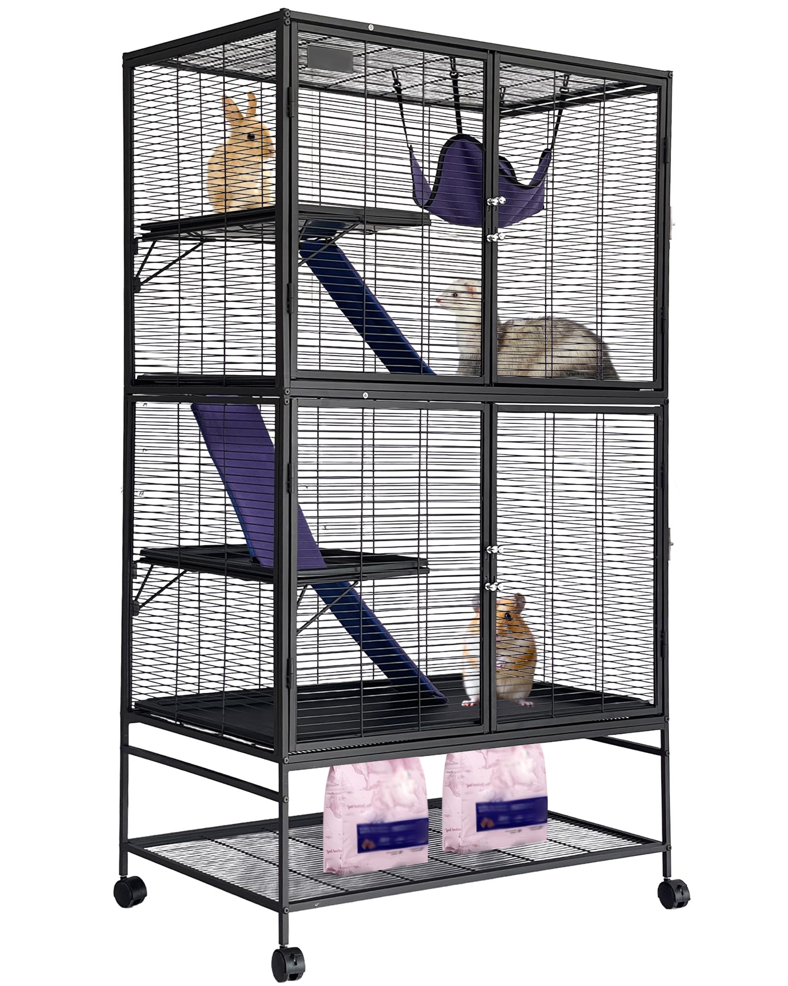 Garvee Kleintierkäfig, 162,6 cm hoch, Deluxe-Frettchenkäfig, 4 Etagen, großer Chinchilla-Käfig mit abnehmbarer Rampe, Hängematte, extra Stauraum, herausnehmbares Tablett für Frettchen, Chinchilla