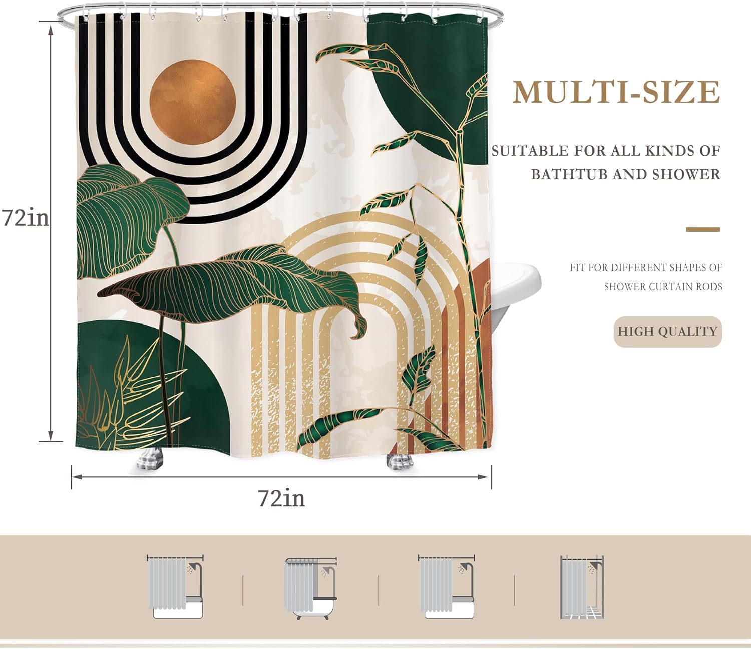 Glawry 4Pcs Green Shower Curtain Sets 72Wx72L, Non-Slip Rugs, Toilet Lid Cover and U-Shaped Mat, Abstract Boho Mid Century Bathroom Sets with Rugs Shower Accessories with 12 Hooks for Bathroom Decor