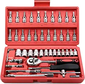 Conjunto com 46 chaves catraca Egofine, soquete de 6,35 mm, com conjunto de soquete métrico e haste de extensão para reparo de automóveis e uso doméstico, com estojo de armazenamento