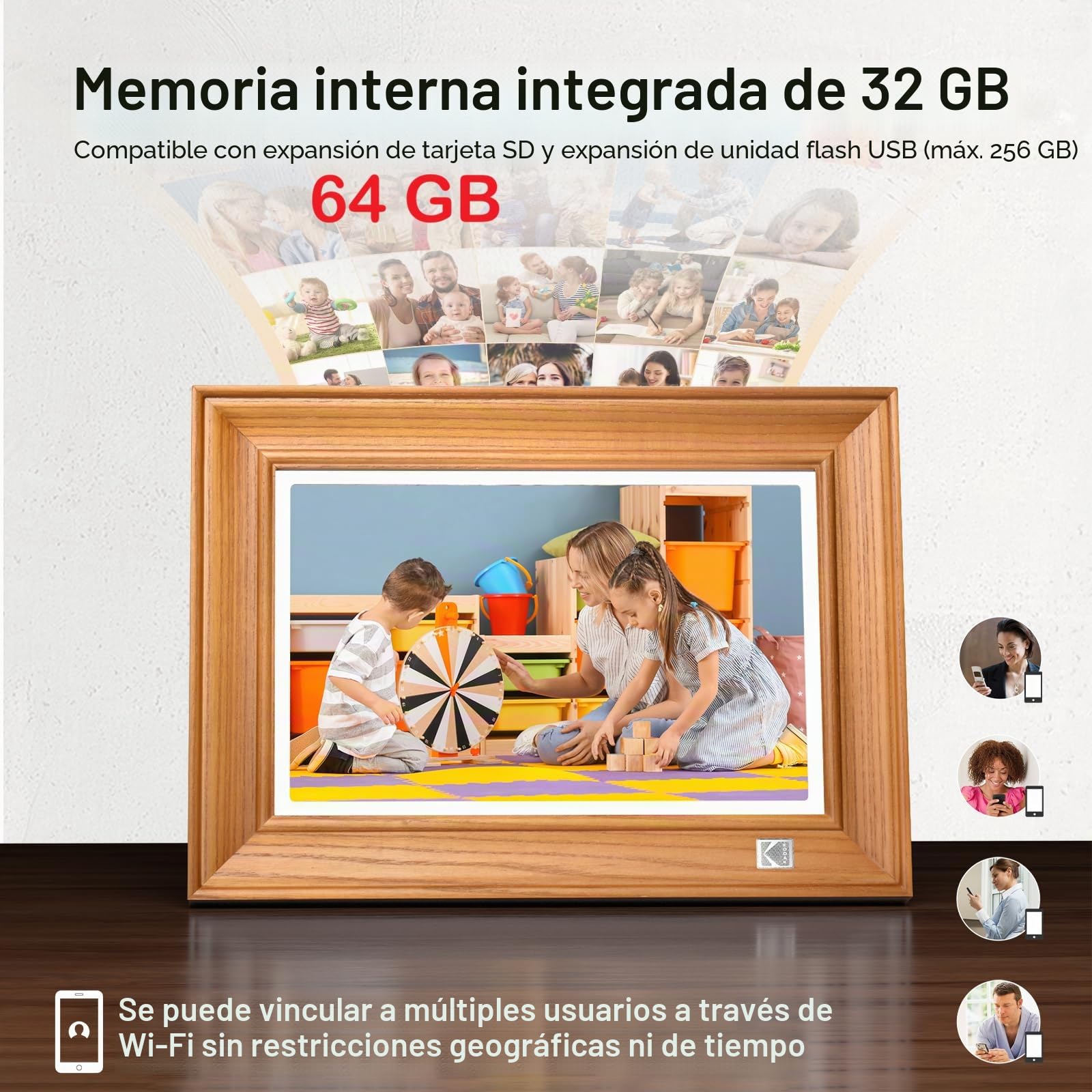 KODAK Marco de Fotos Digital, WiFi Marco Digital de Fotos 10 Pulgadas, FHD 1920*1200 Pantalla Táctil, Madera Portaretratos Digitales con 64GB Memoria, Compartir Imagen, Vídeos a través de la USB o App