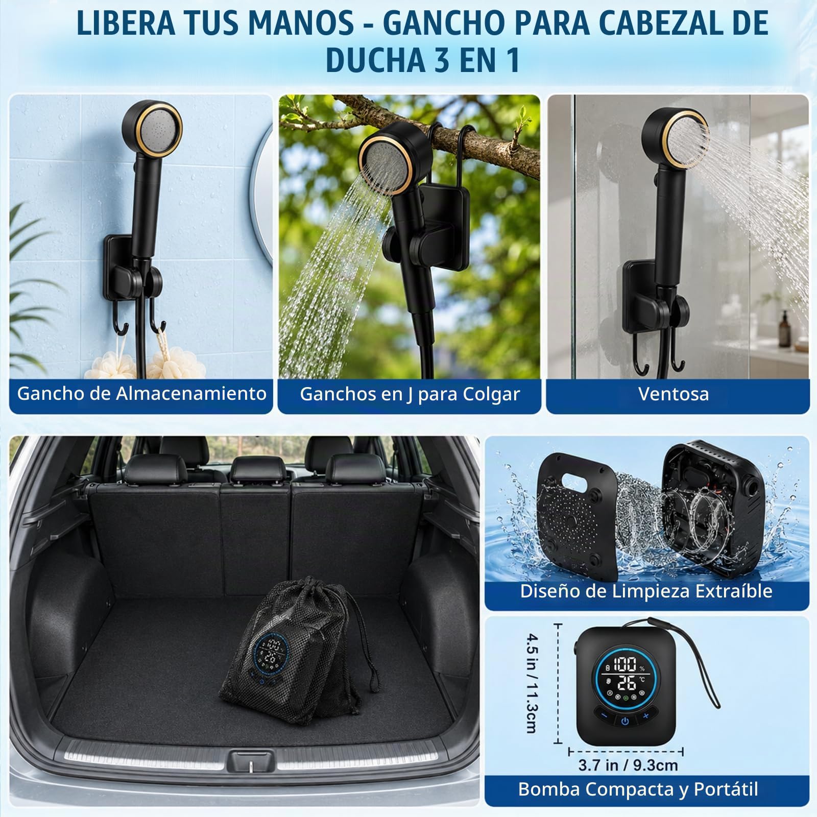 Ducha Portatil Camping con Cubo Plegable 20L, 8000mAh Recargable Ducha Camper con Pantalla de Temperatura Modo de 5 Velocidad Bomba Eléctrica IPX7 para Acampar Jardín Lavado de Coches Mascotas