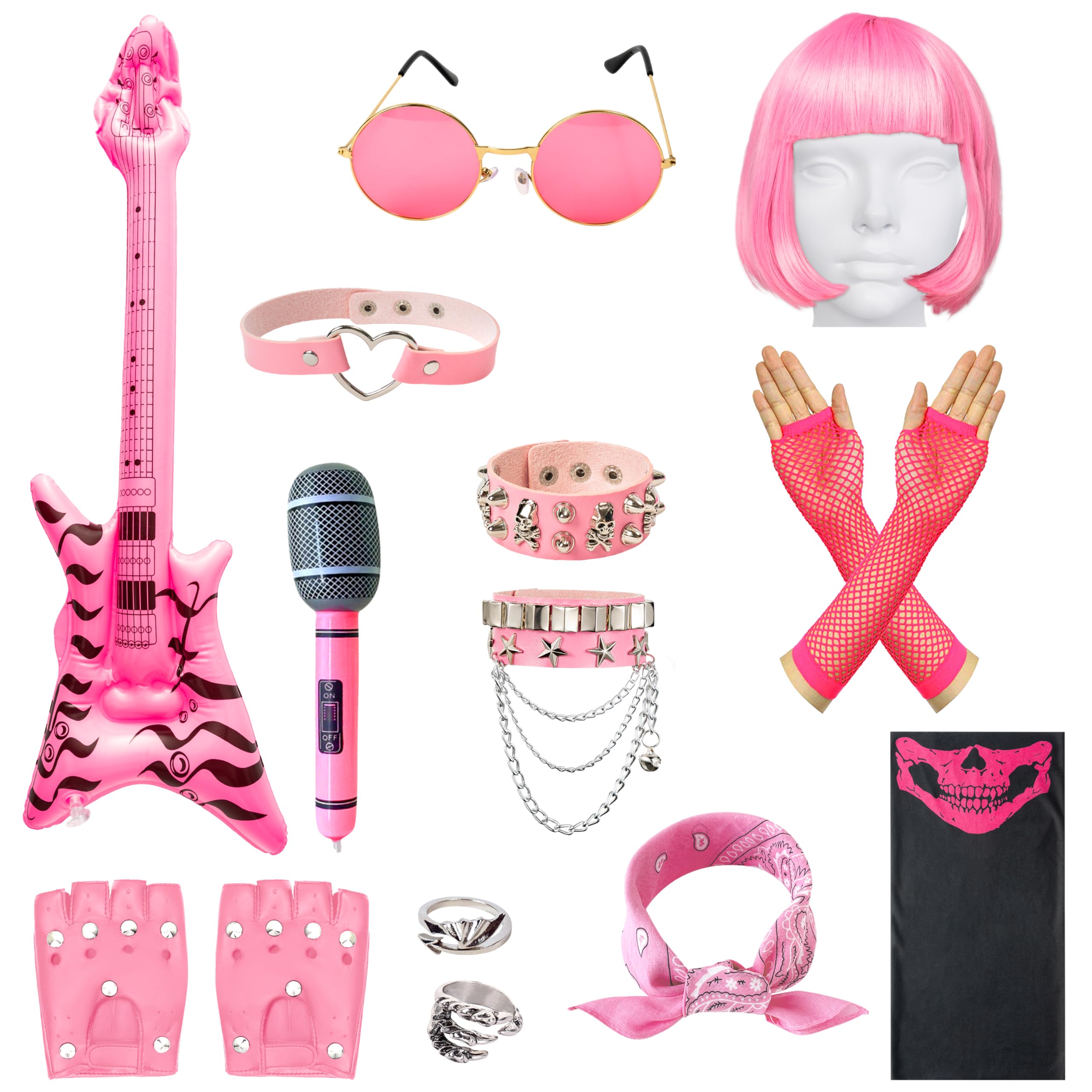 TirEurt Rock Star Fancy Dress, 12pcs Kids Punk Gothic Rocker Costume, Halloween 80s Disco Music Party
