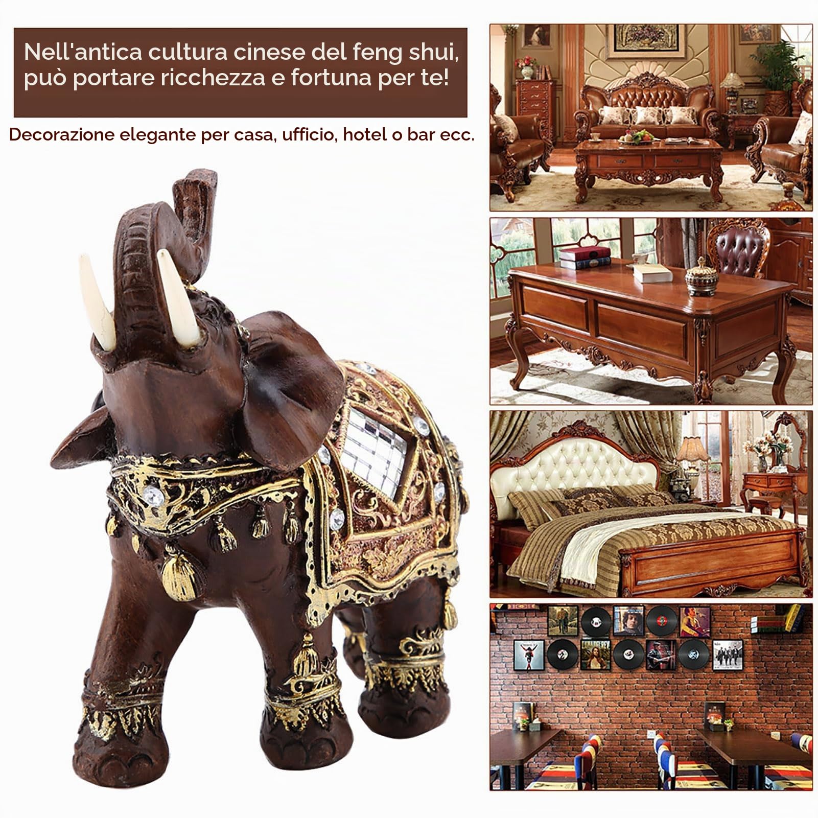 1Pc Di Fortuna Fortunata Statua Di Elefante Scultura Feng Shui Venatura Del Legno Decorazione Desktop Per La Casa (Grande)