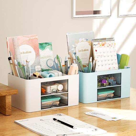 Marbrasse Desk Organiser with Drawers,Multifunctional Pen Holder with 7 Compartments,Stationary Organiser for Home Office Desk and Accessories(White)