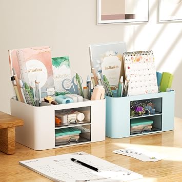 Marbrasse Desk Organiser with Drawers,Multifunctional Pen Holder with 7 Compartments,Stationary Organiser for Home Office Desk and Accessories(White)