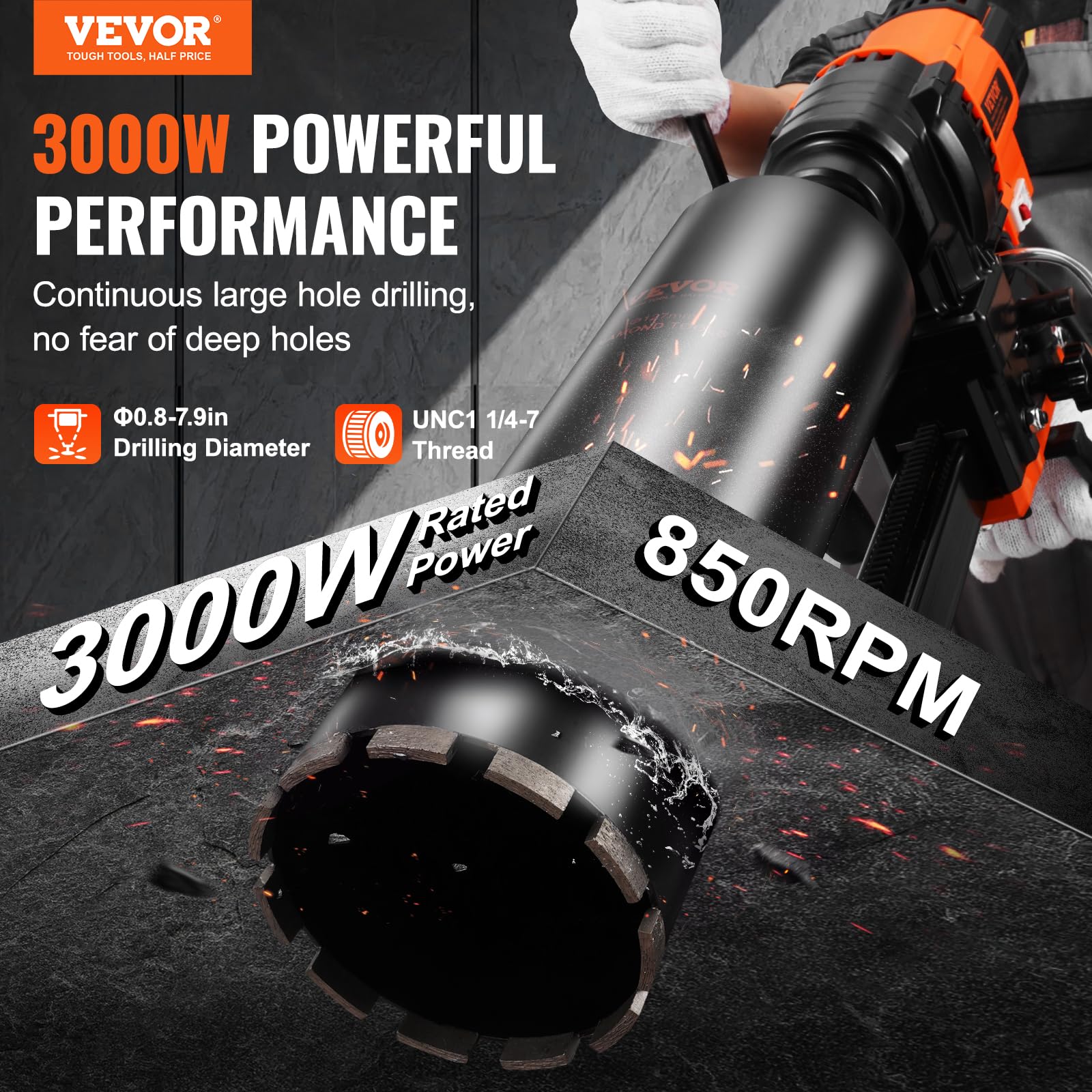 VEVOR Taladro de núcleo Vertical de 20-200 mm de Diámetro de Perforación con Soporte, Taladro de Núcleo de Hormigón de 3000 W Uso en Húmedo y Seco, Sin Sello de Agua para Hormigón