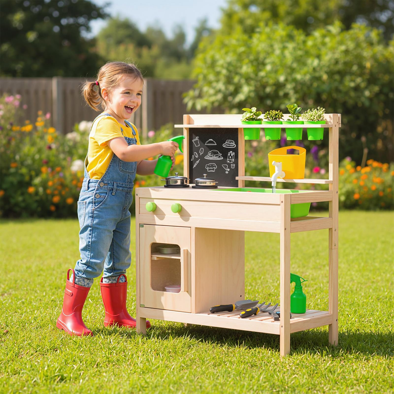 FANTASK Massivholz Matschküche Outdoor, Mit Kreidetafel, Herd & Zubehör, Gartenküche für Kinder ab 3 Jahren, Natur, Grün
