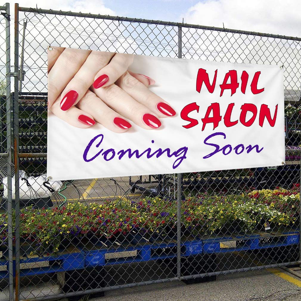 Cartel de vinilo para salón de uñas Coming Soon Business Outdoor Marketing Publicidad Blanco – 61 x 152 cm, 4 ojales, una pancarta