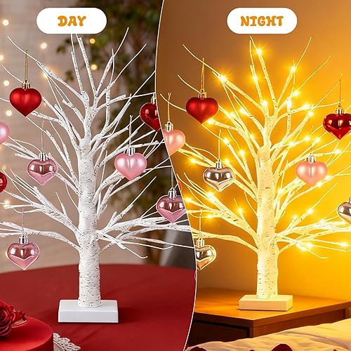 Miniatura 4 de Temporizador árbol de abedul iluminado con 72 luces LED de San Valentín de 24 pulgadas con 12 adornos, 8 modos de iluminación LED, luz de abedul de