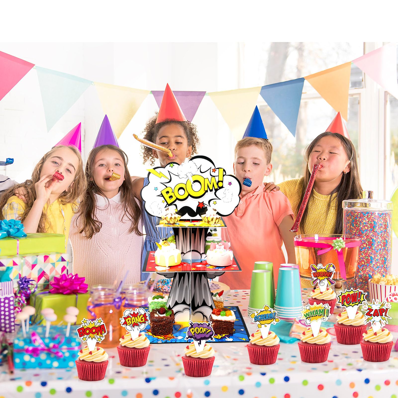 Zopeal Alzata per cupcake a 3 livelli con 24 decorazioni per cupcake a fumetti, espositore per dessert, decorazioni per feste di compleanno o baby shower per bambini, bomboniere per fumetti