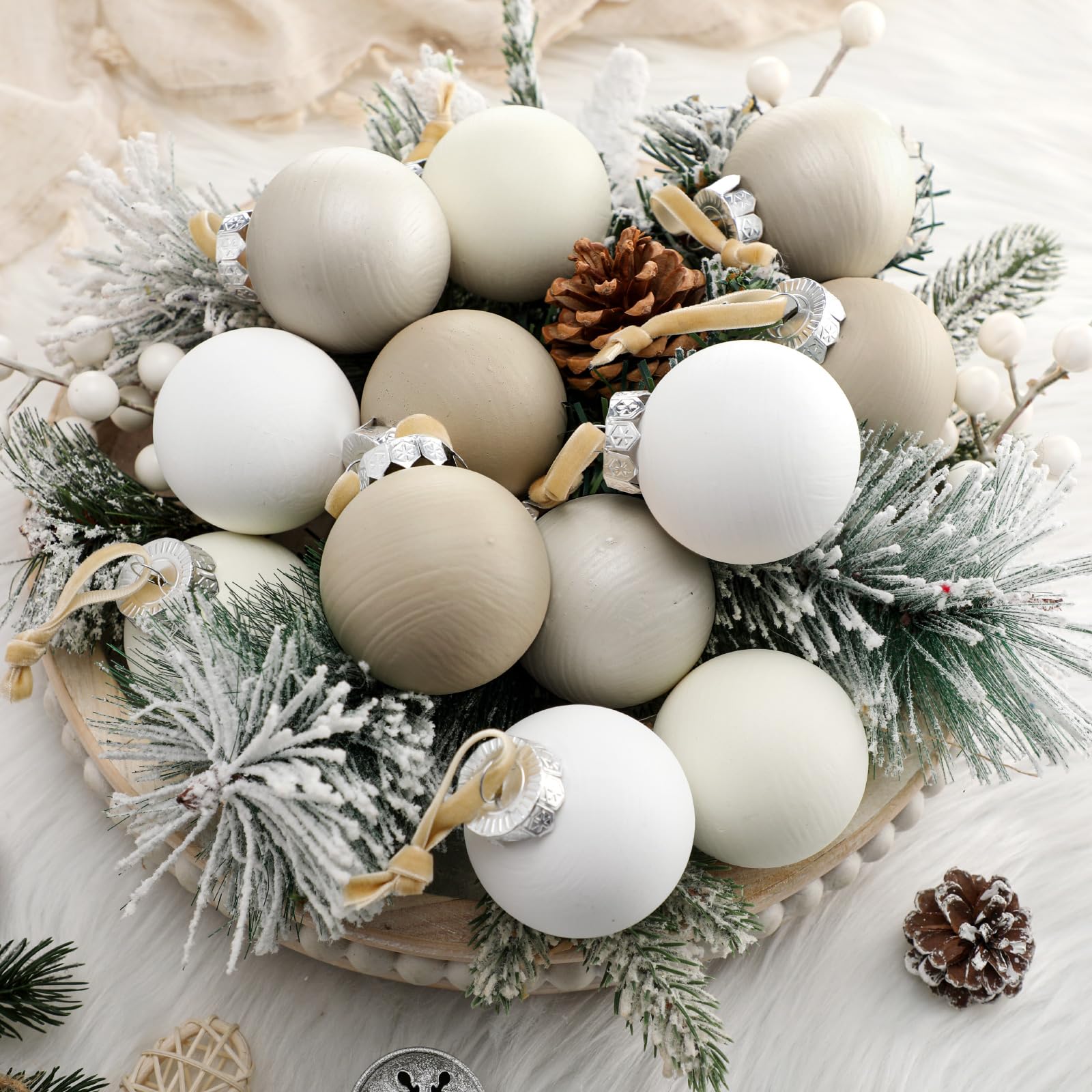 12 pcs neutral textured christmas ball ornaments 2.4 inch rustic matte cream ivory white taupe xmas baubles antique farmhouse xmas tree decorations modern christmas home decor for tree holiday