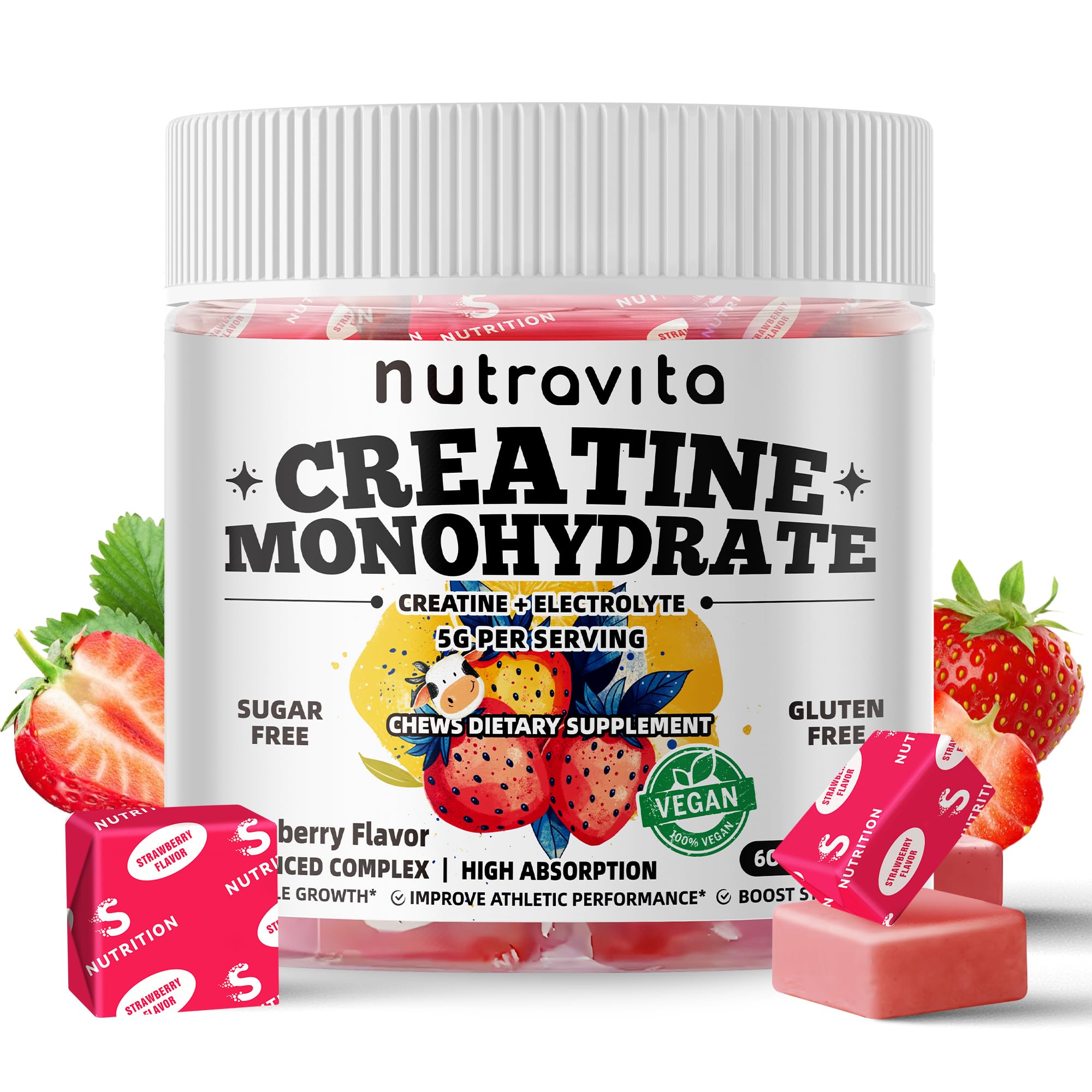 Creatine Monohydrate Chews (5g) – Pre-Workout Energy & Muscle Growth Support for Men & Women | Strawberry Electrolyte Gummies (60 Count)