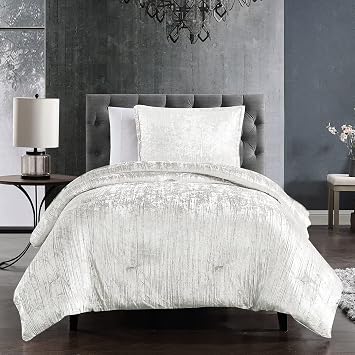 Riverbrook Home Turin Crinkle Velvet Comforter Bedding Set, Twin Size, Glam Textured Decor, White, 2 Pieces