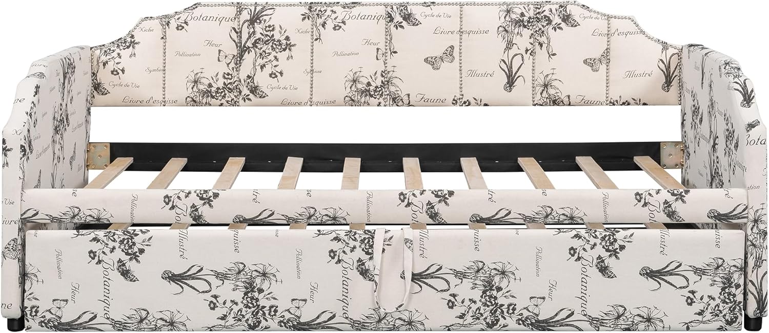 Ball & Cast Twin Size Upholstered Daybed with Pop-Up Trundle & USB Ports, Day Bed Frame with Wave Shaped Arms,Extendable Trundle Bed Twin to King Design,No Box Spring Needed,White Tossed Botanical
