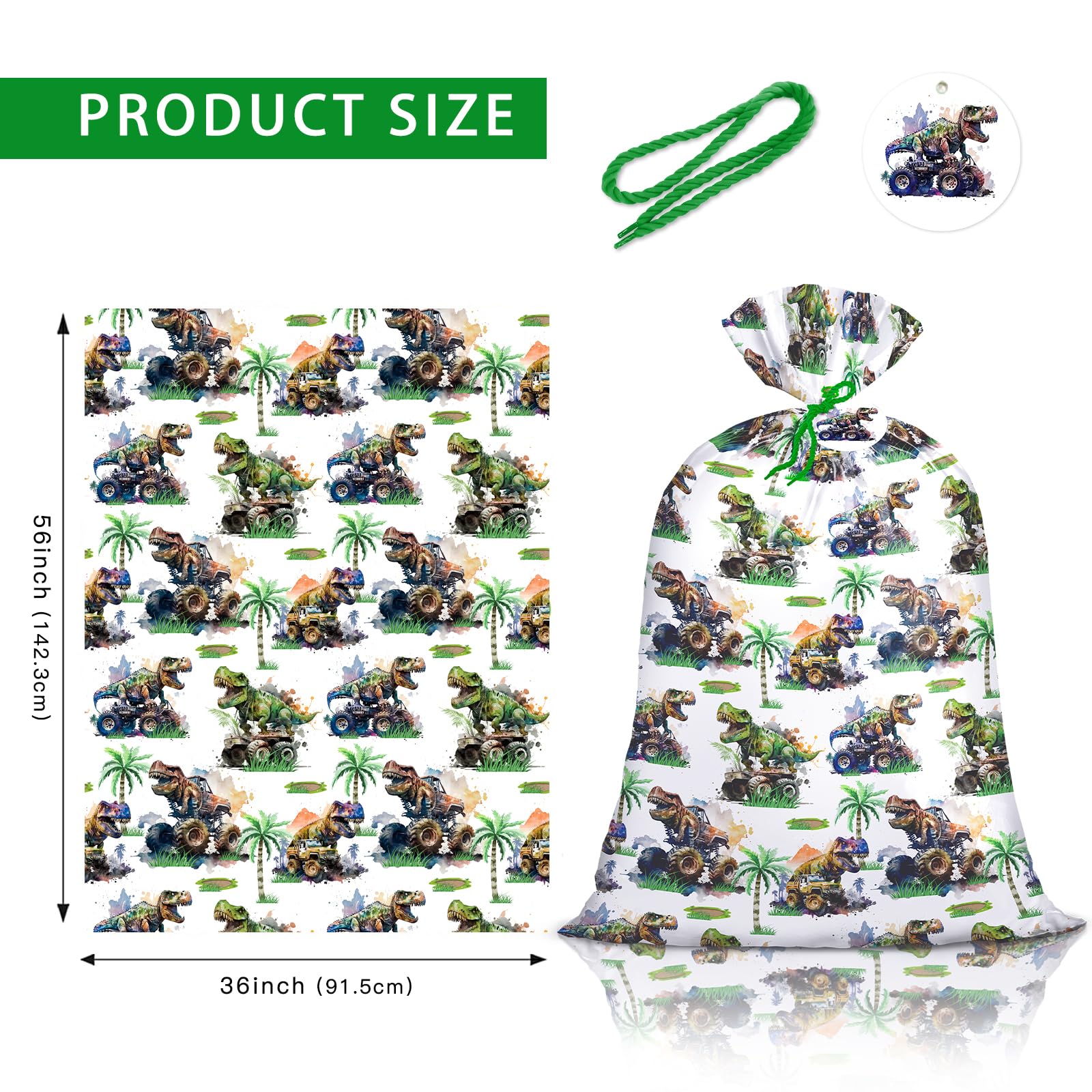 Loveinside Jumbo Large Plastic Gift Bag, Dinosaur with Tropical Monster Truck Design Design Plastic Bag with Tag and Tie for Boys' Birthday Party Gifts and Celebration - 56" x 36", 1 Pcs