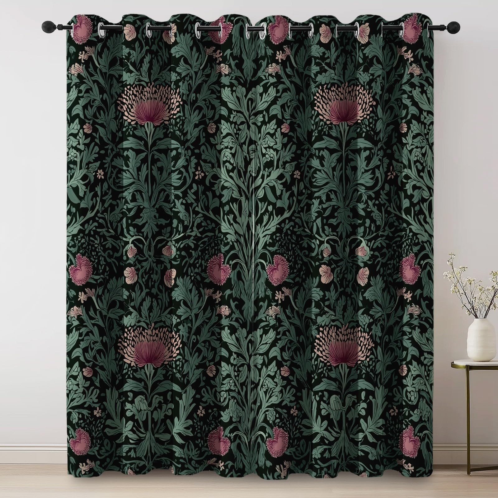 Verdunkelungsvorhänge mit Ösen H260 x B140 cm (2er Set), William Morris Blumen Bedruckte Thermo Vorhänge für Schlafzimmer & Kinderzimmer, Blickdichte Gardinen Lärmschutz, Dunkelgrün