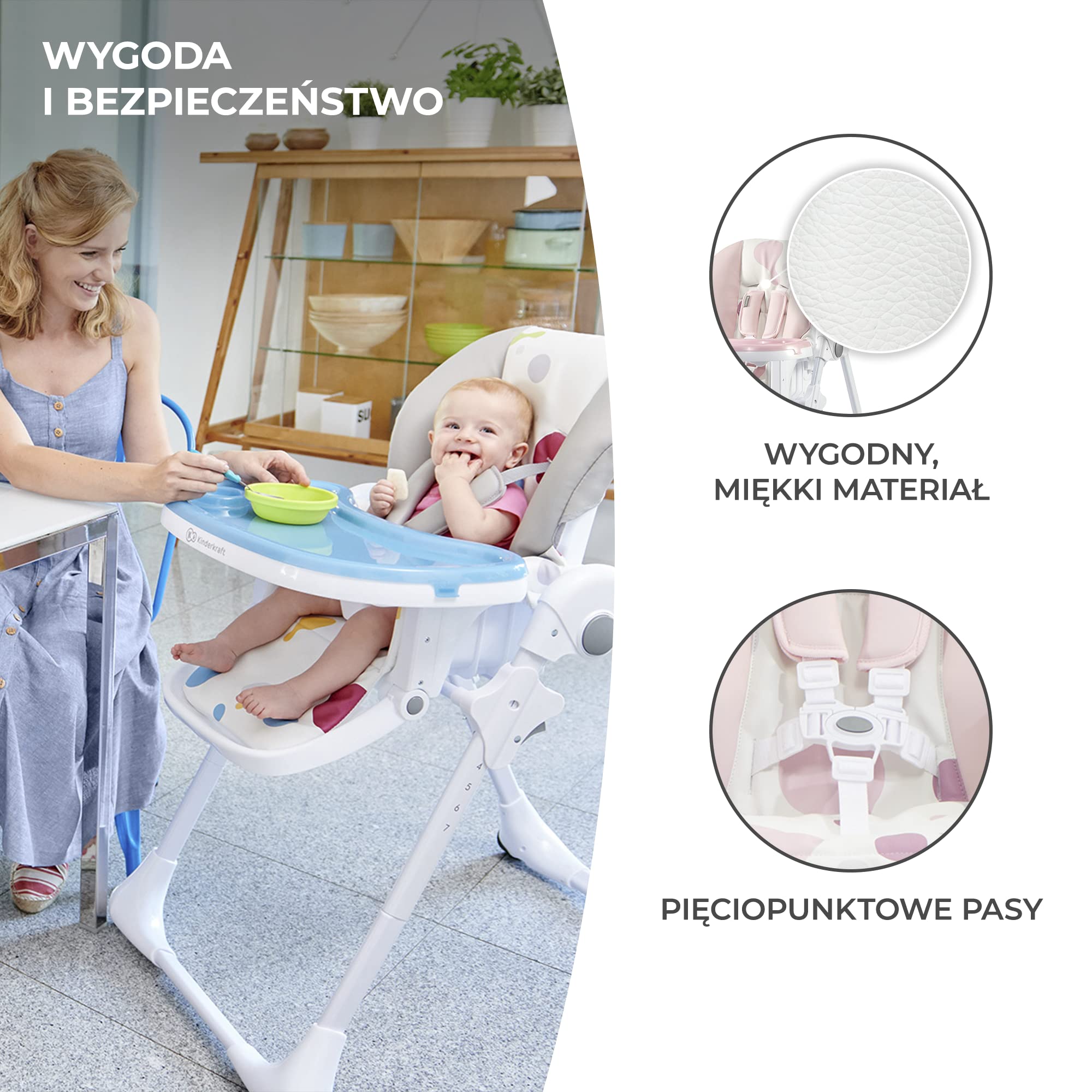 Kinderkraft Krzesełko do karmienia YUMMY, Krzesło, Zdejmowana tacka, Regulacja wysokości, Regulowane oparcie i podnóżek, Proste składanie, Łatwy w czyszczeniu, Kółka ułatwiające transport