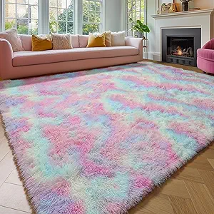 Amdrebio Rainbow Area Rugs for Girls Bedroom Kids Room Decor, 9x12 Large Pastel Colorful Rug for Playroom, Cute Unicorn Shaggy Rugs for Baby Princess, Kawaii Fluffy Plush Big Carpet for Living Room