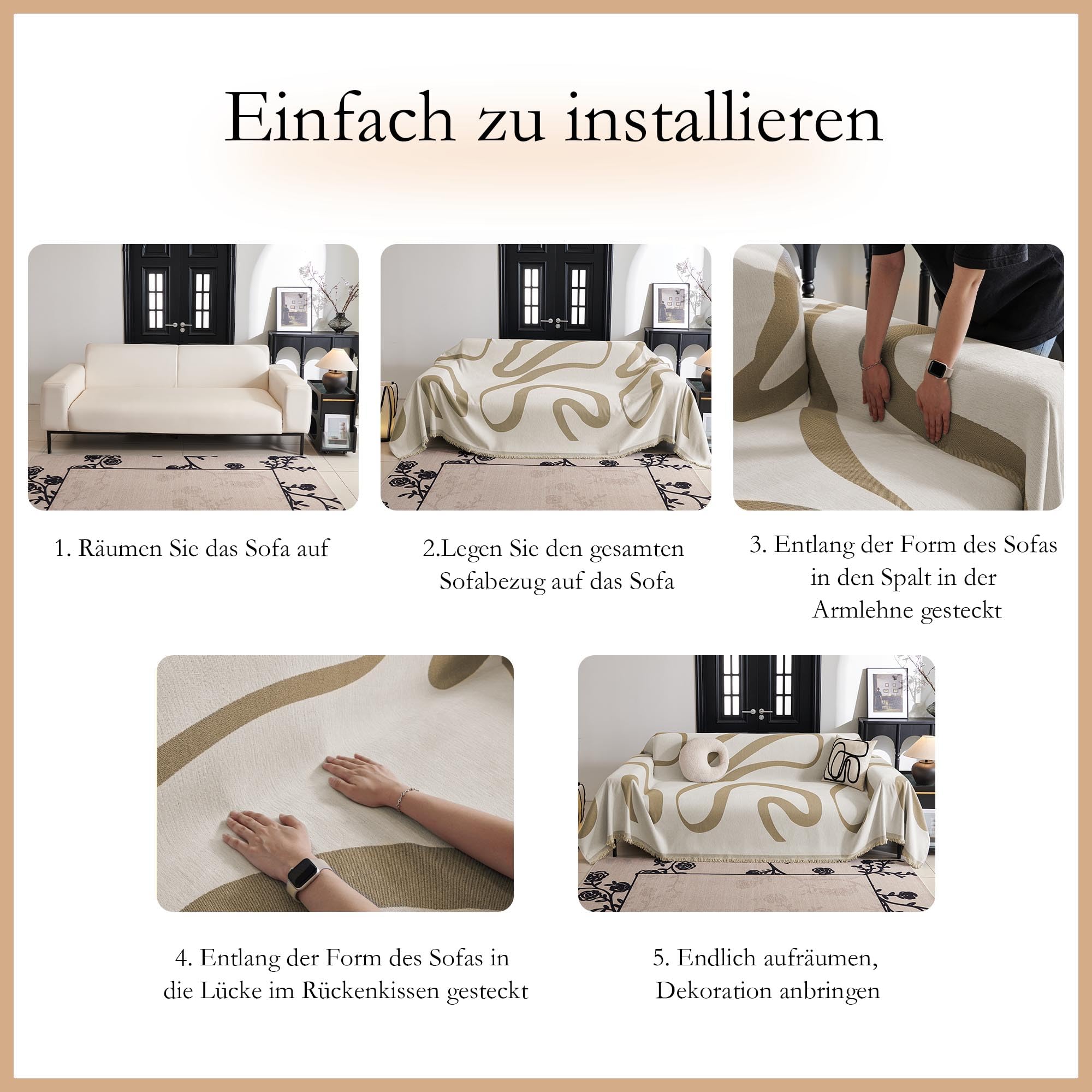 MYSKY HOME Sofabezug 3 Sitzer - Chenille Sofa Überzug L Form, Geometrische Modern Sofa Bezug, Boho Sofaschoner Waschbar, Überwurfdecken für Sofa Schutzdecke, 180 x 300cm, Khaki Kurve