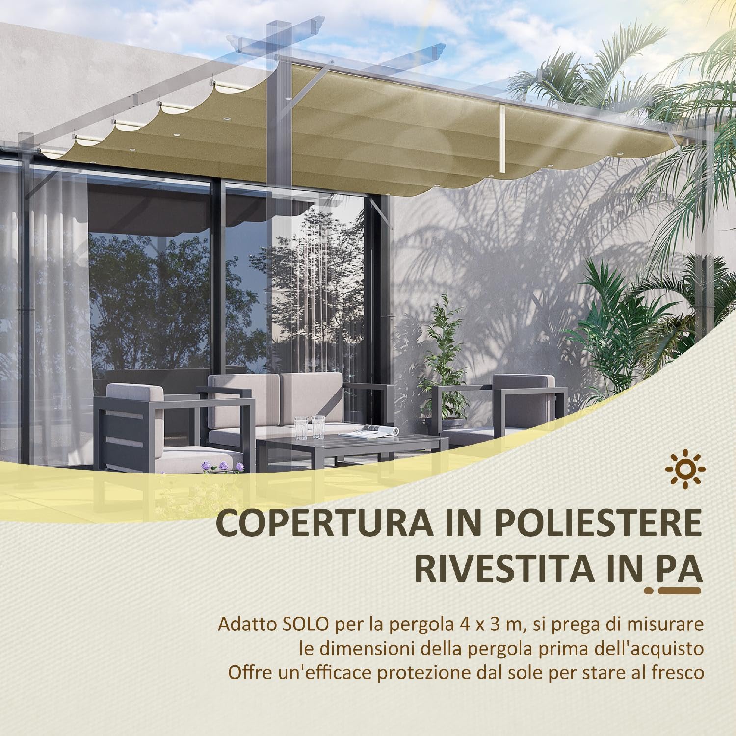 Copertura Gazebo 4x3 m Pergola in Poliestere Traspirante Beige con 10 Fori di Drenaggio