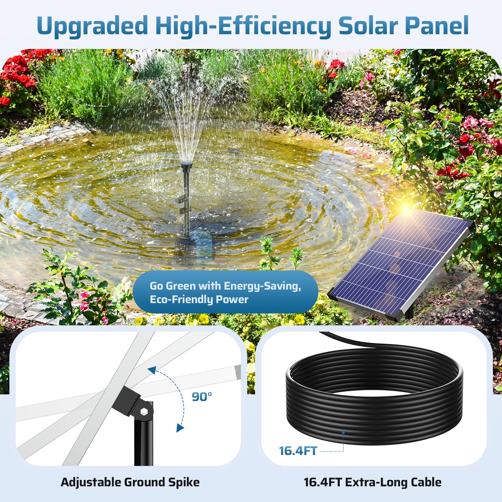 POPOSOAP Solarna pompa fontannowa 10 W, zasilana energią słoneczną pompa wodna z pompą fontannową 120 GPH, 4 opryskiwacze, kabel 5 m, rura 2 m do stawu zewnętrznego, łaźni dla ptaków, akwarium i wody