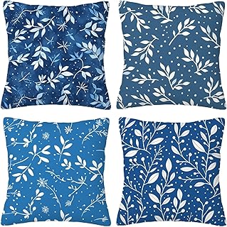 Giyuco Hojas Azul Marino Fundas de Cojines Decorativas Cuadradas de Lino, 40x40cm con Cremallera Oculta para Sofá, Oficina, Silla, Dormitorio, Jardín, Exterior Decoración del Hogar, Juego de 4. H-130