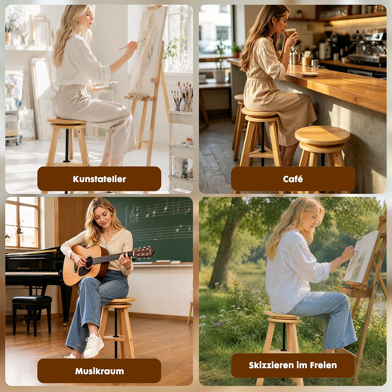 Höhenverstellbarer Zeichnerhocker aus Holz, Künstlerhocker, Hocker für Büro und Atelier, bis zu 100 kg, deutsches Buchenholz, ideal für Künstlerateliers, den privaten Gebrauch, die Küche und Bars