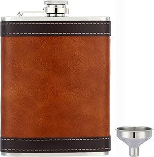 Heesung Stainless Steel Hip Flask Wrapped Brown Leather , Whiskey Hip Flask And Liquor Flask 8 oz ,Metal Vintage Flask Attached Screw on Cap