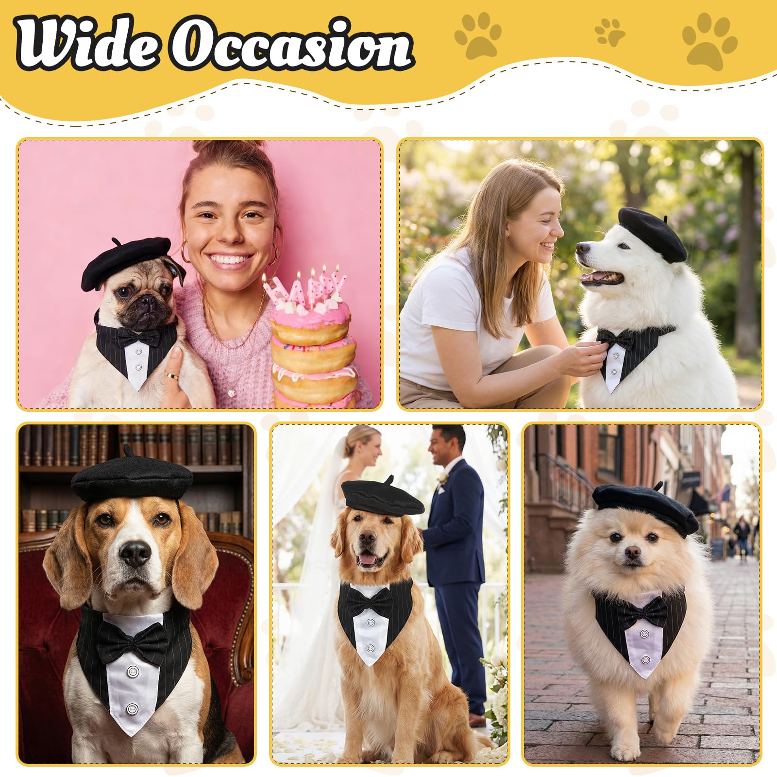 2 Stück Schwarz Hundekleidung Set mit Beret Hundemütze und Verstellbarer Hundefliege formelles Haustieraccessoire Hundoutfit für Hochzeit Party Geburtstag Alltag Haustierkleid