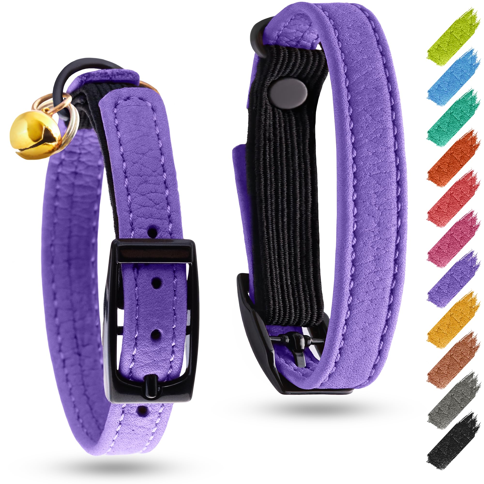 Leather Cat Collar with Bell and Safety Elastic Strap Breakaway Alternative for Small & Large Kittens, Stylish Pet Leather Collar for Boy, Girl Cats