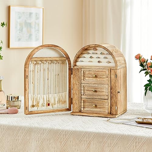 Miniatura 4 de Joyero organizador, caja de joyería de madera maciza, almacenamiento de collares, anillos, aretes, pulseras con espejo y cajones, regalos de Navidad