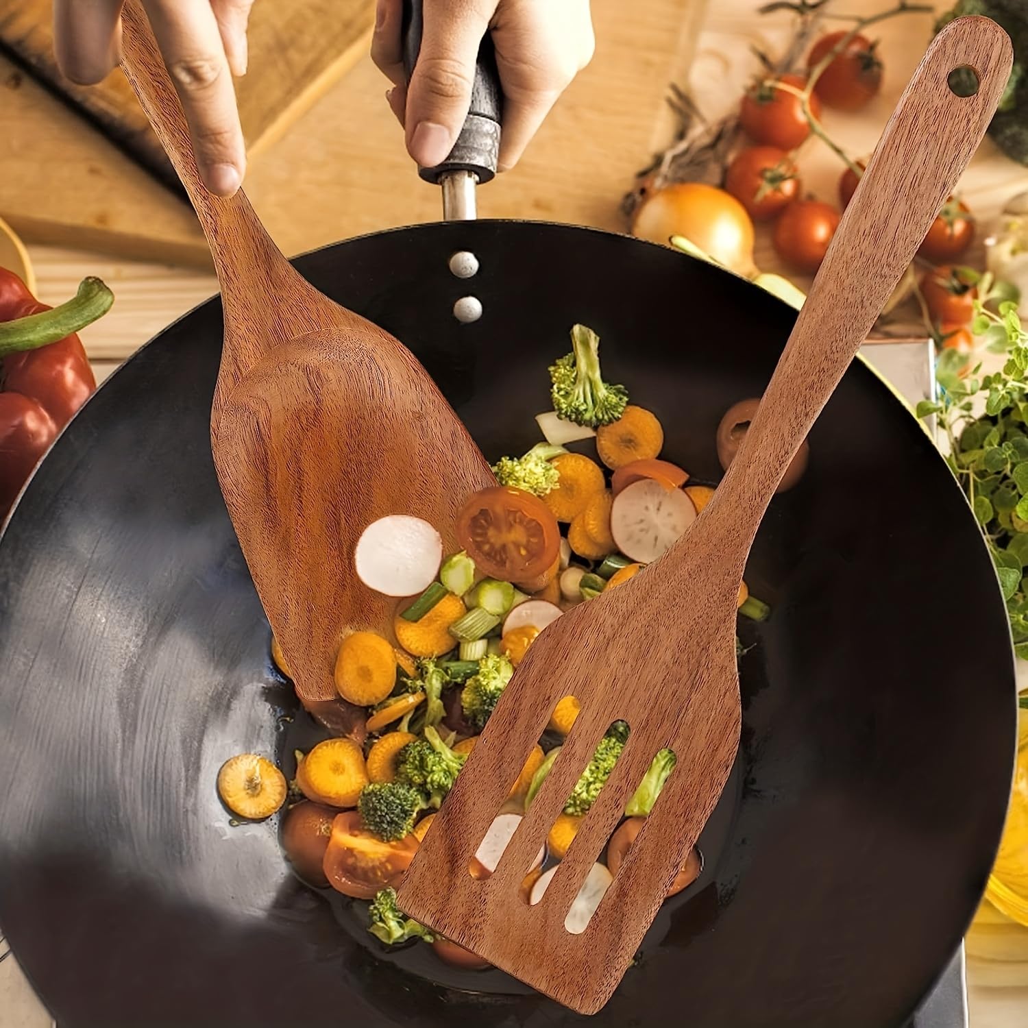 Spatola In Legno Di Teak FUMIO – Antigraffio E Resistente Al Calore, Ideale Per Pentole Antiaderenti, Manico Ergonomico, Perfetta Per Cucinare E Servire
