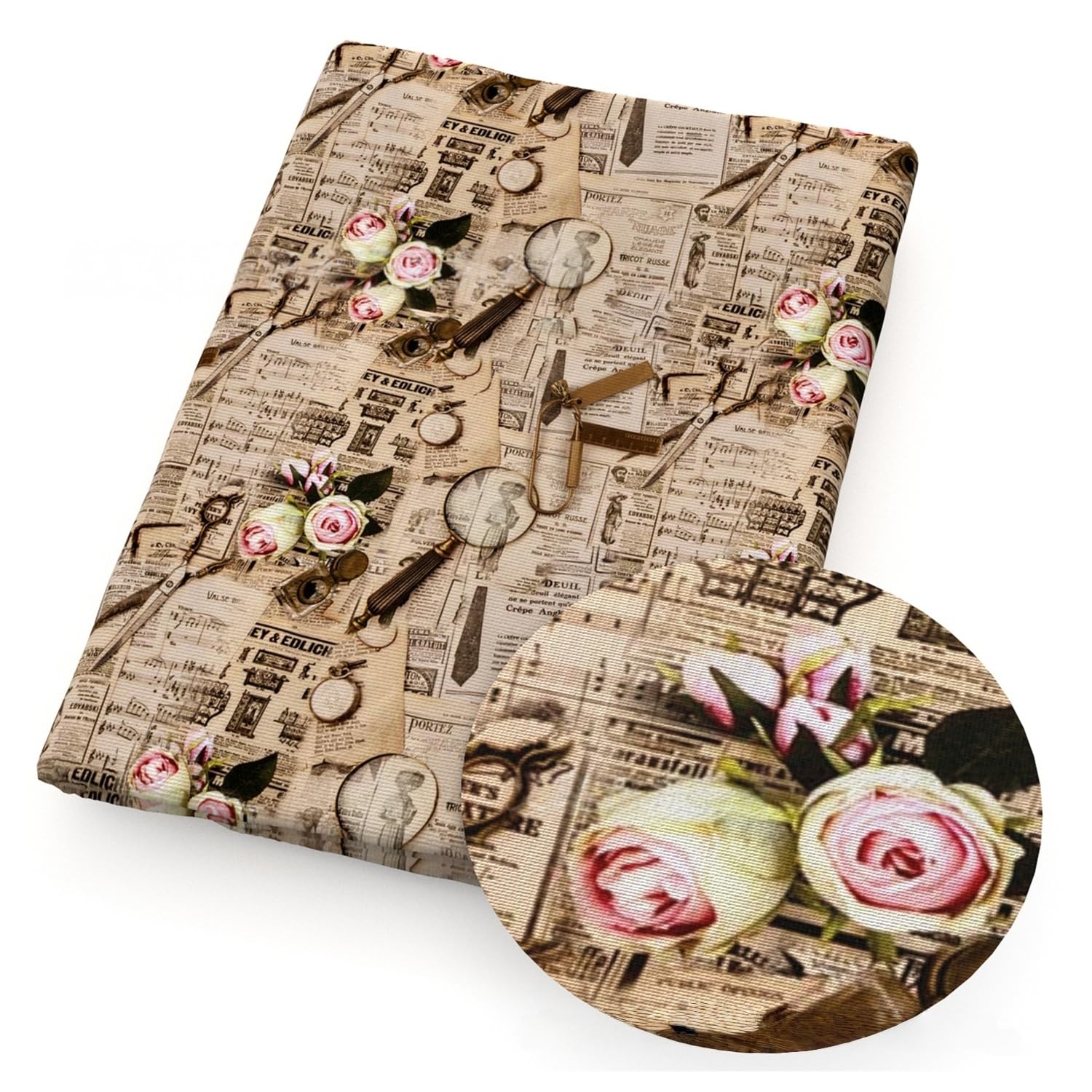 Tkanina w stylu vintage, kwiatowa, z nadrukiem, na metry, z nadrukiem, dekoracyjna, styl gazety, materiał do szycia, retro, kwiaty, róże, materiał z nadrukiem kwiatowym, do samodzielnego