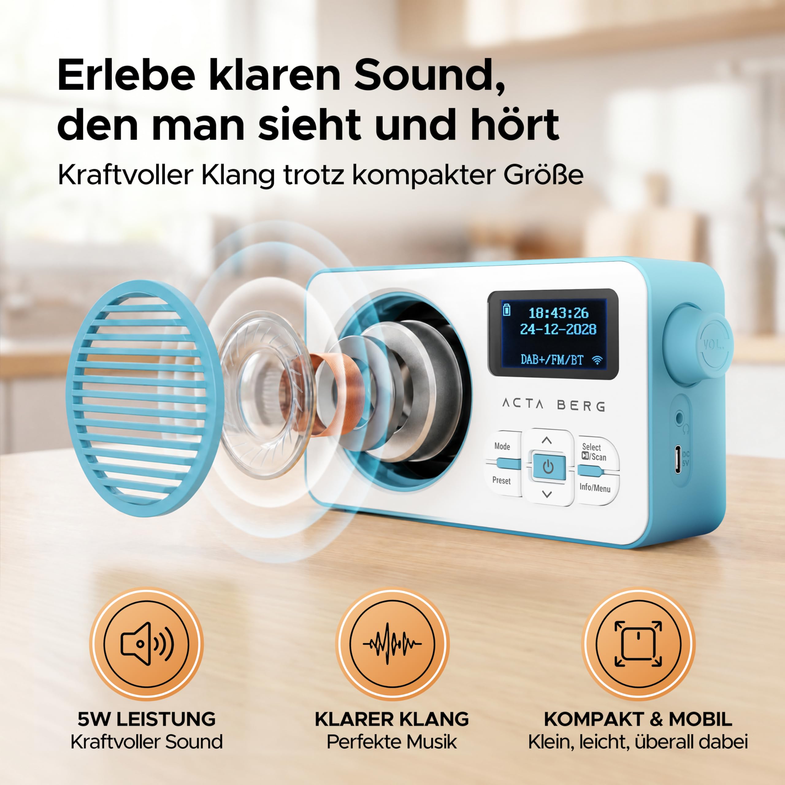 Acta Berg DAB Radio mit Akku 5000 mAh austauschbar & BT 5.3 (Baby-Blau) | DAB+/UKW-Radio, Akku austauschbar + Netzstecker, 80 Senderspeicher, USB-C, tragbares Digitalradio, mit Wecker & Timer