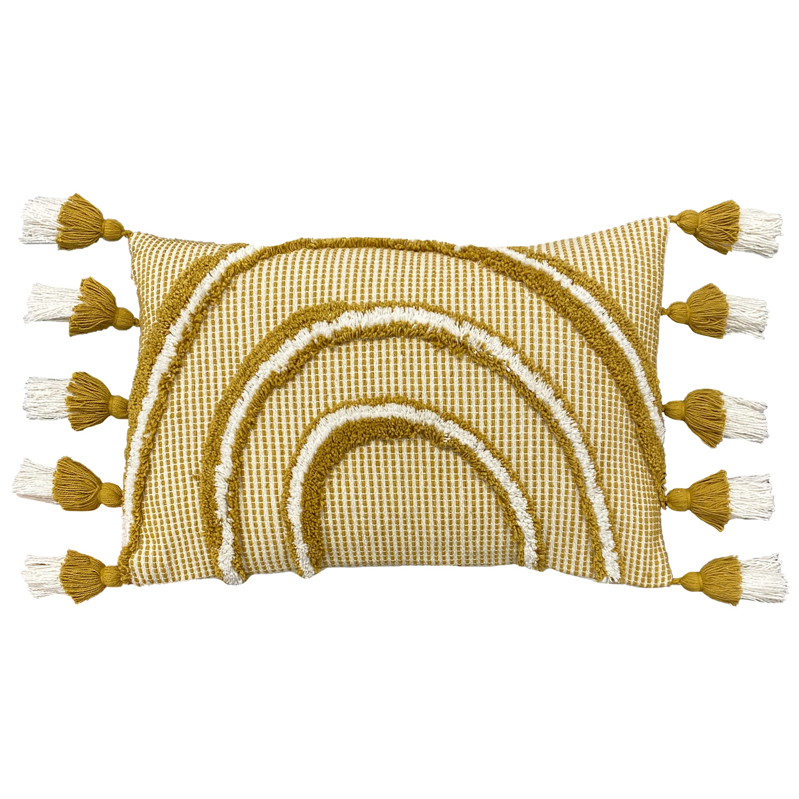 furn. Rainbow Tuft Feather Filled Cushion – Colourful Tufted Tassel Trim Decorative Cotton Pillow (Ochre – 30x50cm)