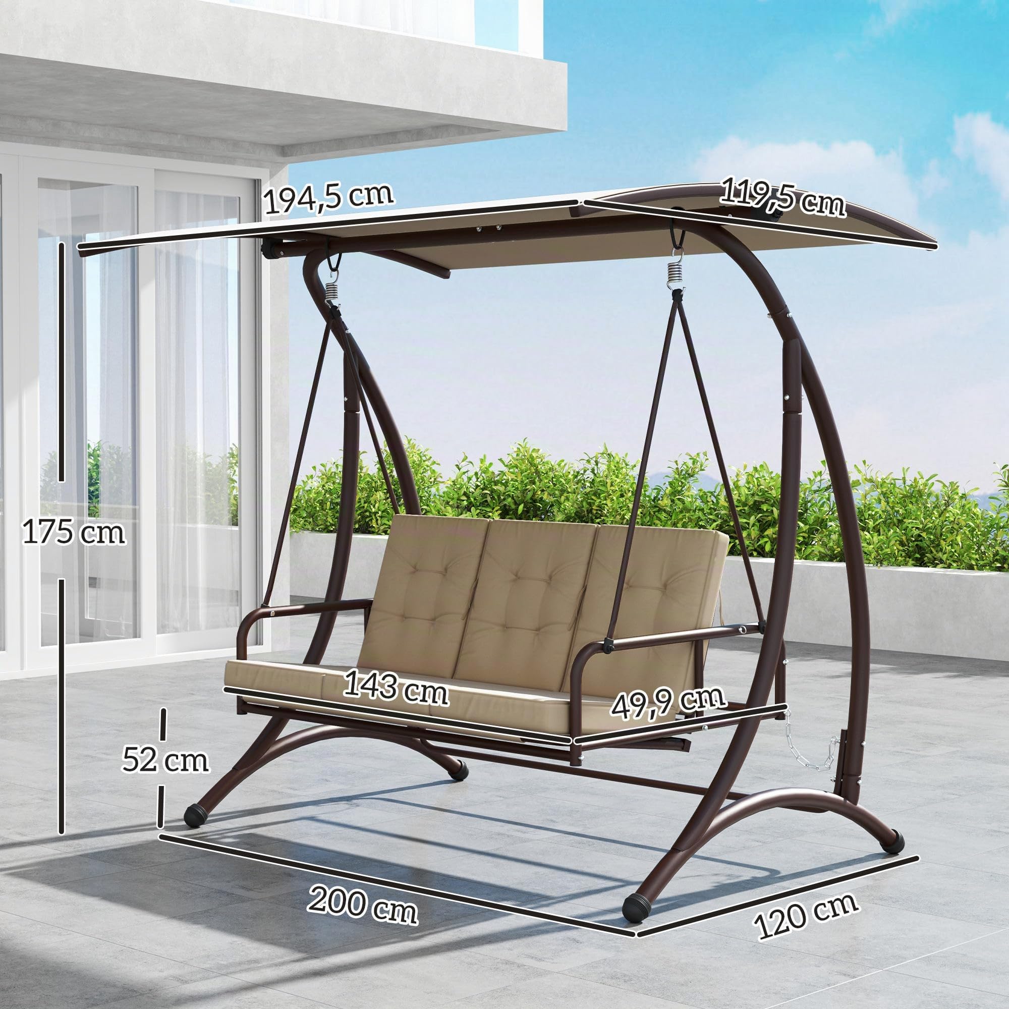Outsunny Columpio de Jardín Exterior de 3 Plazas Balancín de Jardín Exterior Convertible en Cama con Toldo Ajustable Protección UPF30+ y Cojines Carga 330 kg 200x120x175 cm Caqui