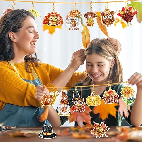 Miniatura 2 de 15 llaveros de pintura de diamante 5D de Acción de Gracias, de otoño, con pintura de diamantes de pavo, gnomo, hoja de arce, diamantes, colgante,