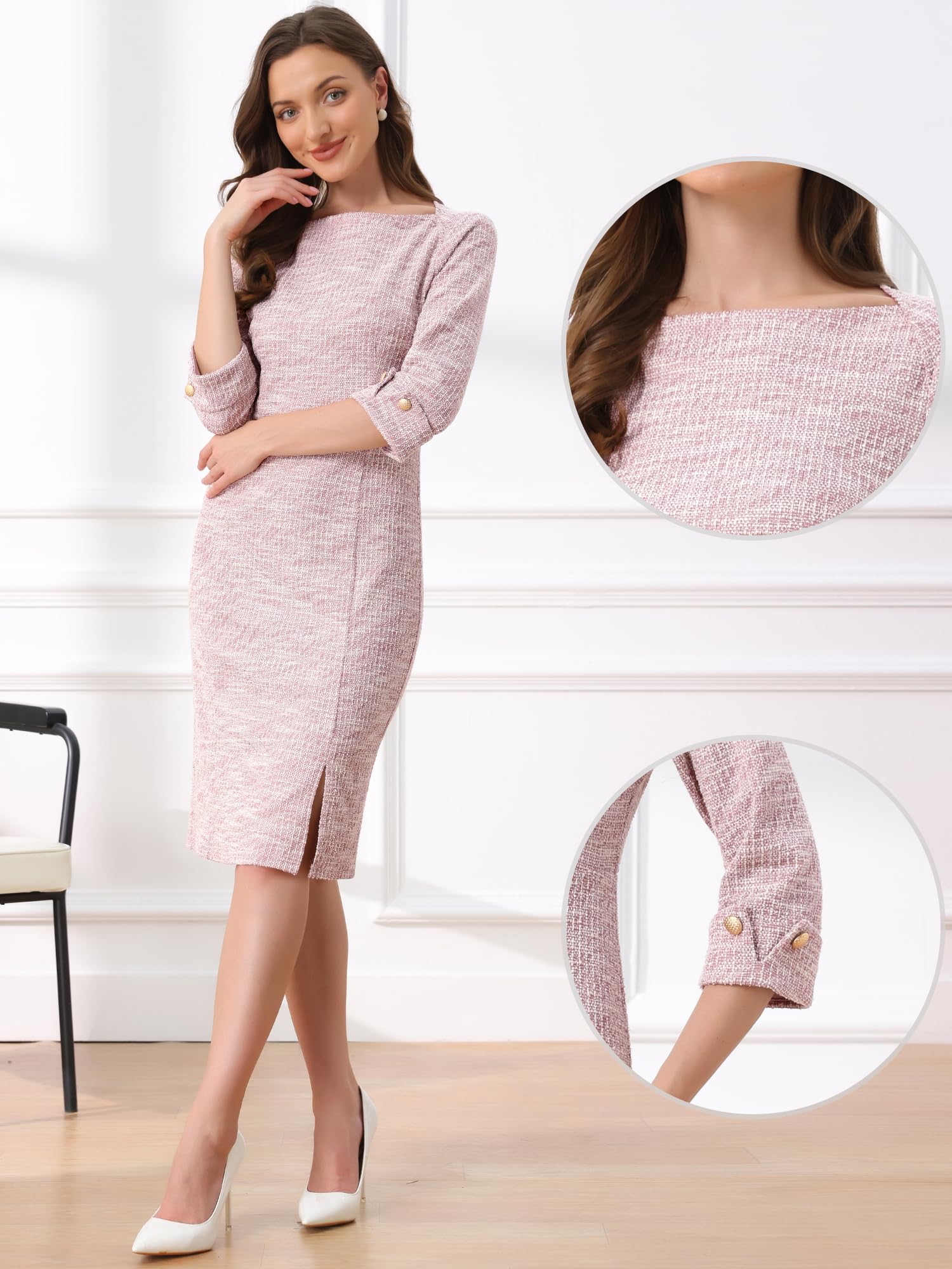 Allegra K Tweed-Kleid für Damen, elegant, U-Boot-Ausschnitt, 3/4-Ärmel, Arbeitskleid