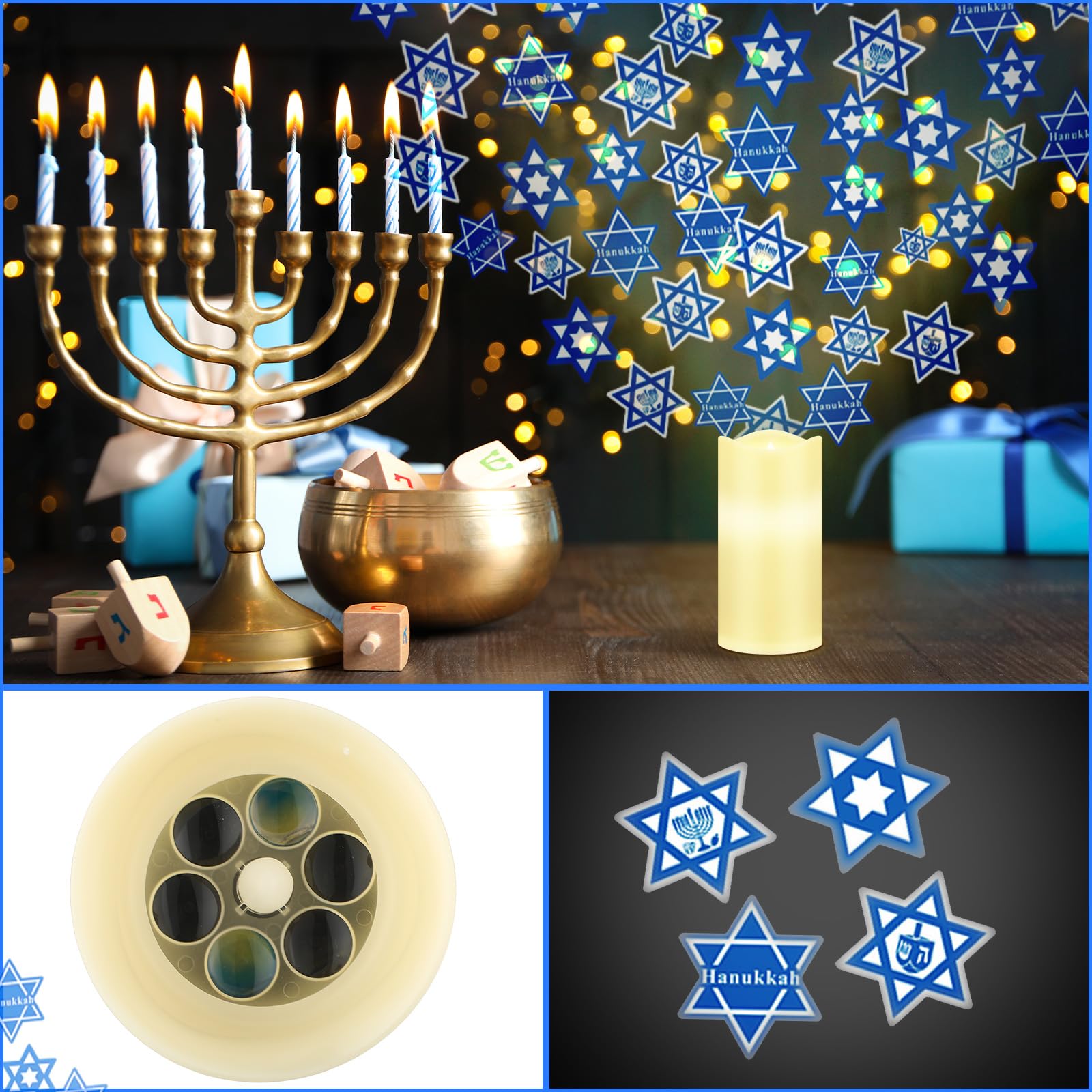 Bougies Hanoukka LED Sans Flamme - Menorah à Piles Avec étoile De David Bleue - Décoration De Table