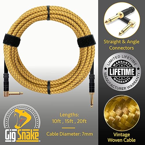 Miniatura 7 de Cable de guitarra de 10 pies - 14 pulgadas en ángulo recto amarillo - Cable de guitarra eléctrica de calidad profesional y cable de amplificador -