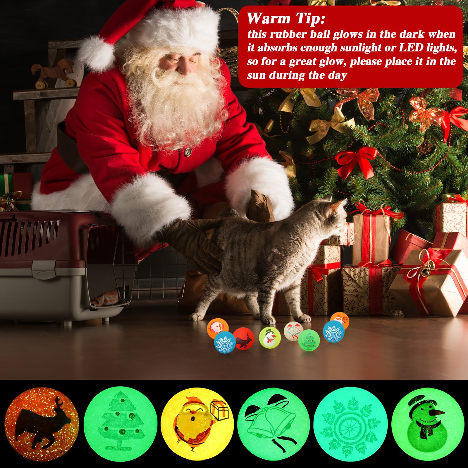 Junkin 100 Stück Weihnachtsflummis, leuchtet im Dunkeln, leuchtende Gummibälle, 3,2 cm, kleiner Hüpfball, Weihnachtsmann, Weihnachtsbaum, Schneemann, Hüpfbälle für Weihnachten, Party, Gastgeschenke,